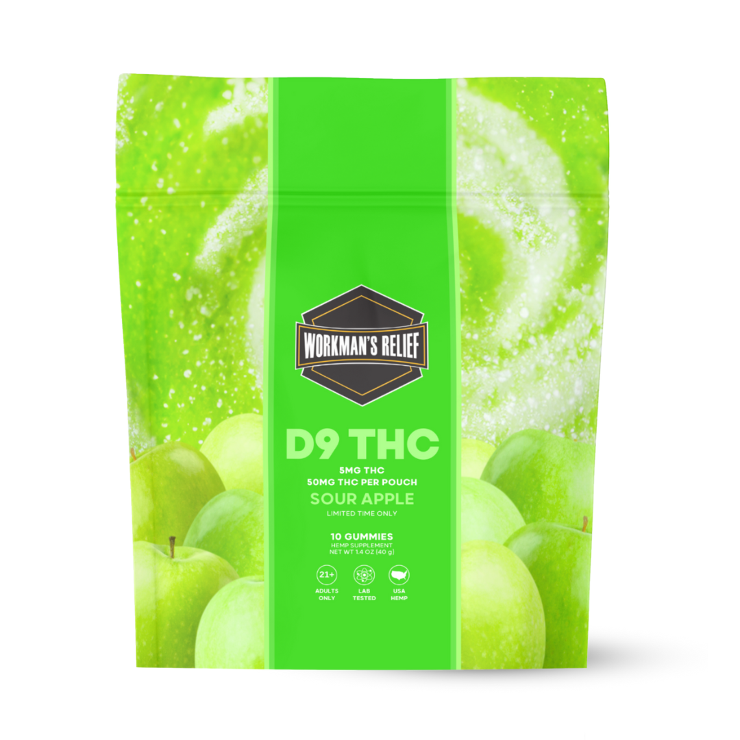 D9 5mg Sour Apple THC Gummies - 10ct - 50MG By Workmans Relief - Edibles