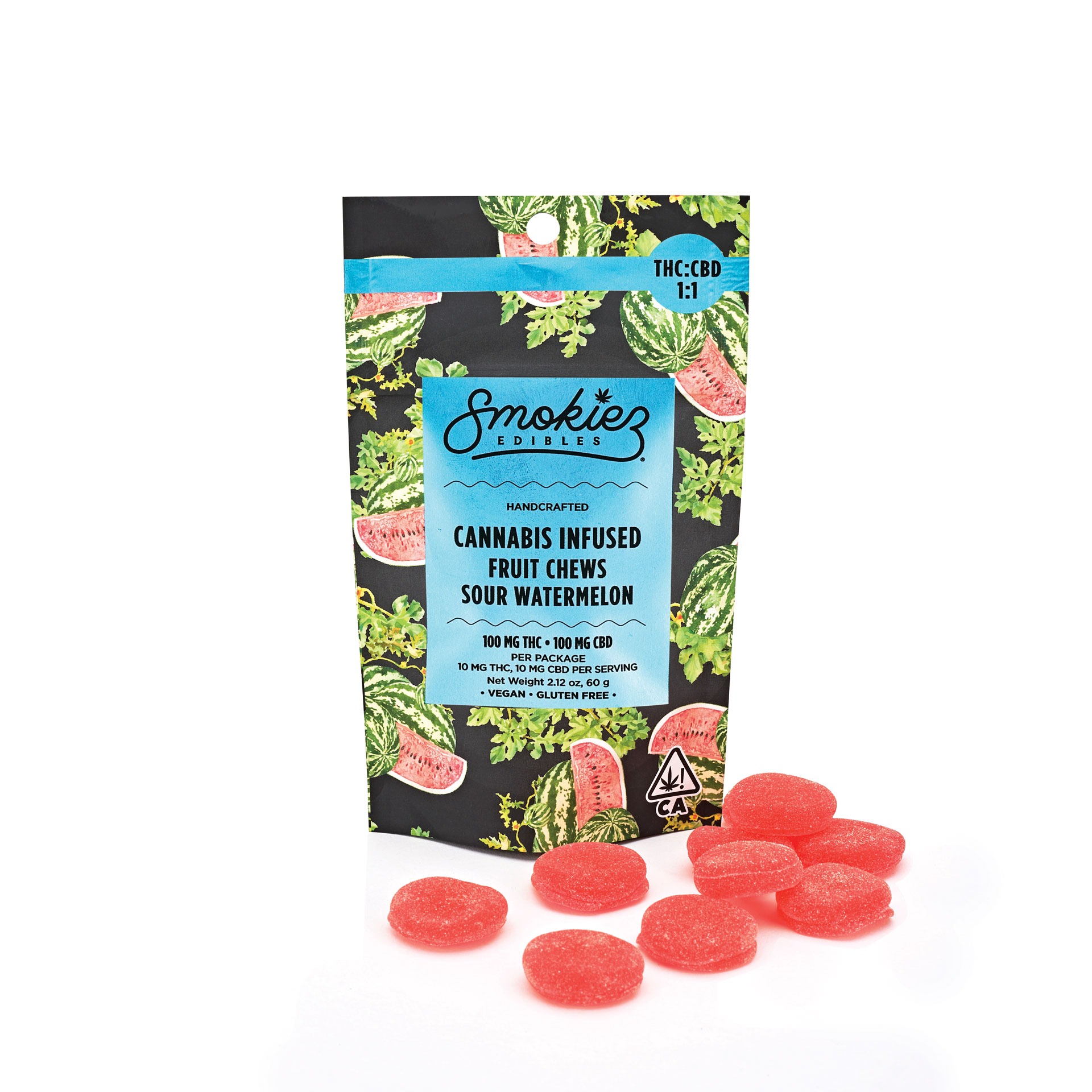 CBD:THC 1:1 Sour Watermelon Fruit 100mg CBD:100mg THC Fruit Chews - California - Edibles